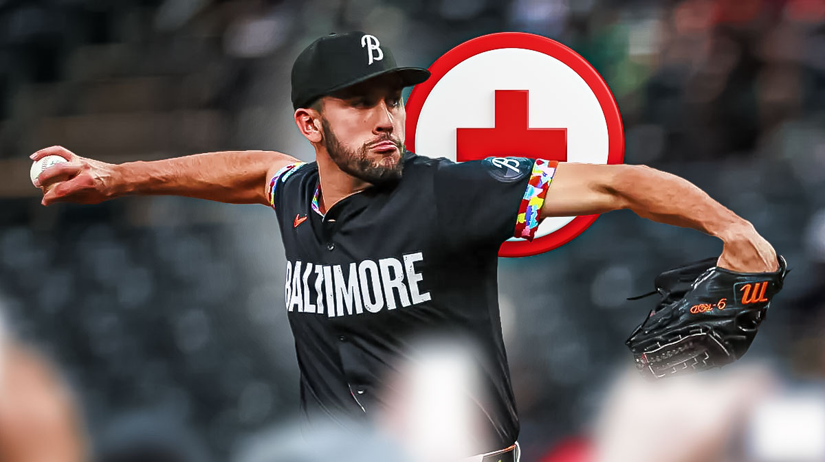 Grayson Rodriguez in a Baltimore Orioles uniform pitching with a red and white first aid symbol as Rodriguez is done for the regular season and postseason with injury as the Orioles enter the playoffs.