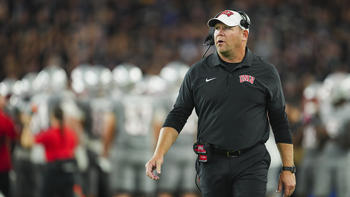 UNLV Rebels head coach Barry Odom reacts during the second half against the Kansas Jayhawks at Children's Mercy Park.