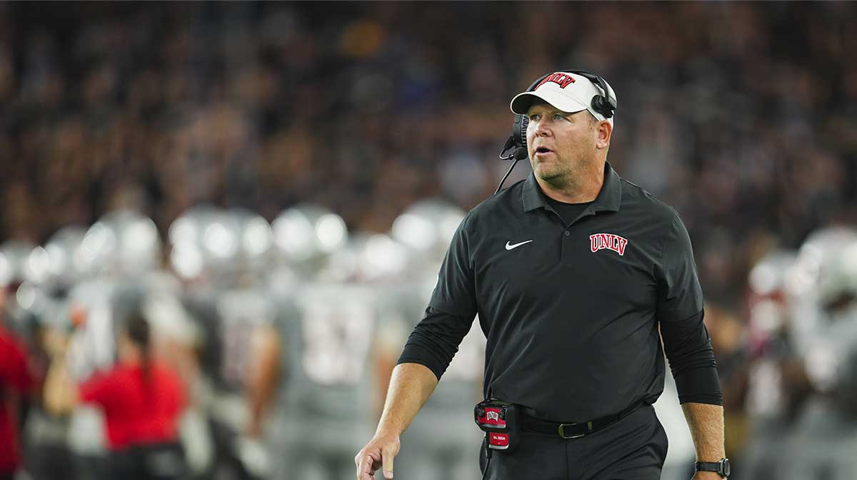 UNLV Rebels head coach Barry Odom reacts during the second half against the Kansas Jayhawks at Children's Mercy Park.