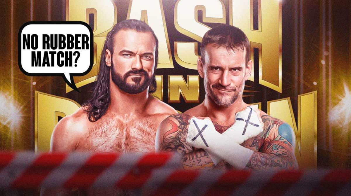 Drew McIntyre with a text bubble reading "No rubber match?" next to CM Punk with the Bash in Berlin logo as the background.