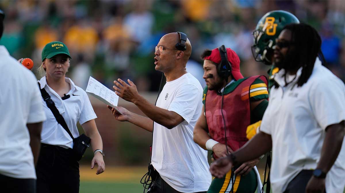 Baylor Bears head coach Dave Aranda speaks to his team during a timeout against the Tarleton State Texans during the first half at McLane Stadium.