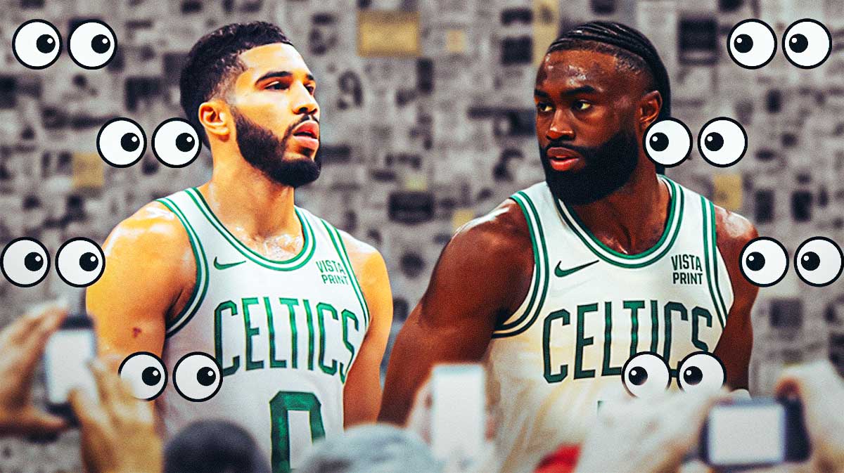 A newspaper as the background, Jayson Tatum and Jaylen Brown on one side, a bunch of Boston Celtics fans on the other side with the big eyes emoji surrounding them