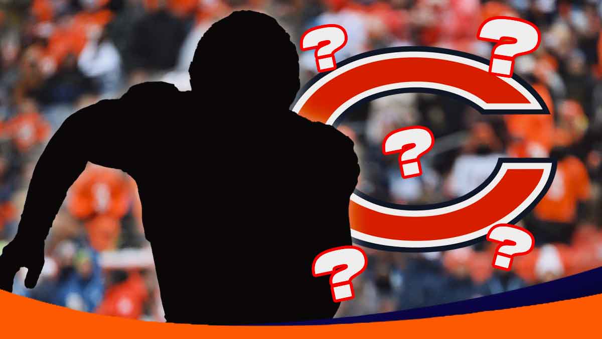 Dark silhouette of player next to Bears logo with question marks around in background