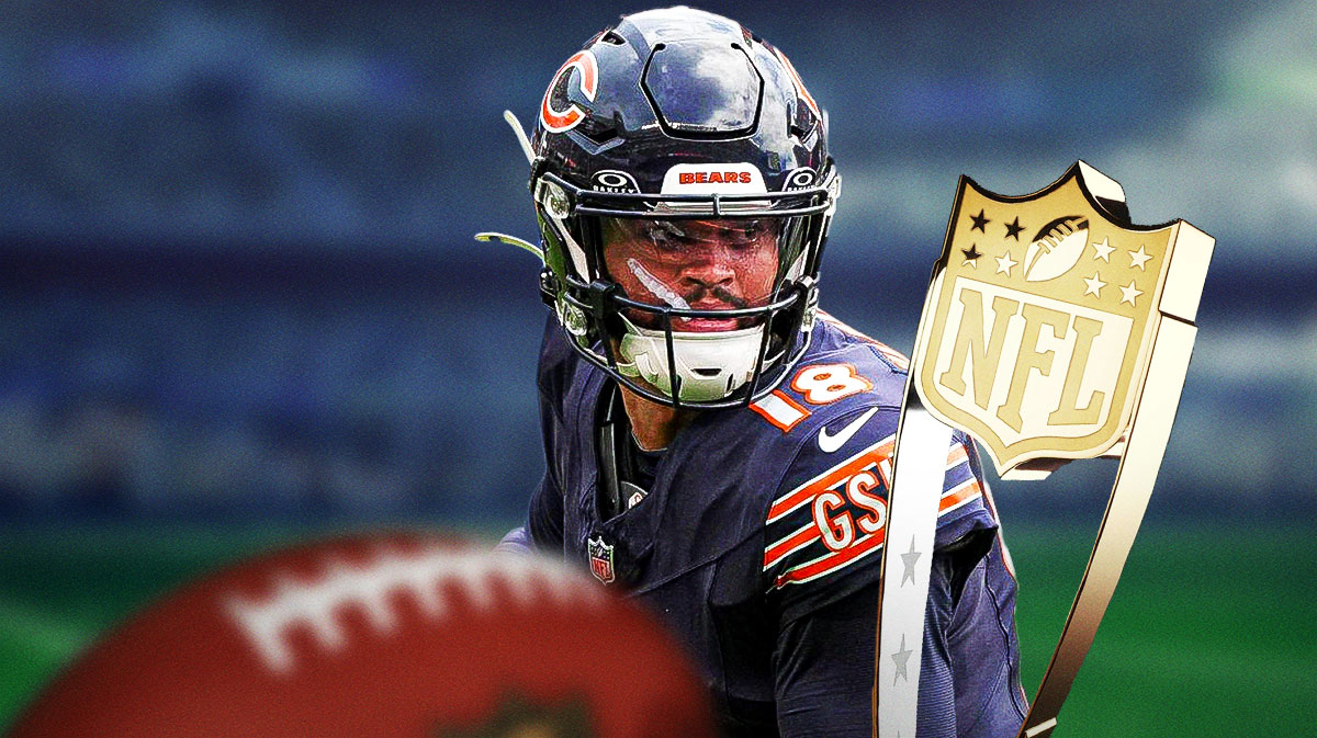 Caleb Williams in a Bears jersey with an NFL MVP trophy next to him.