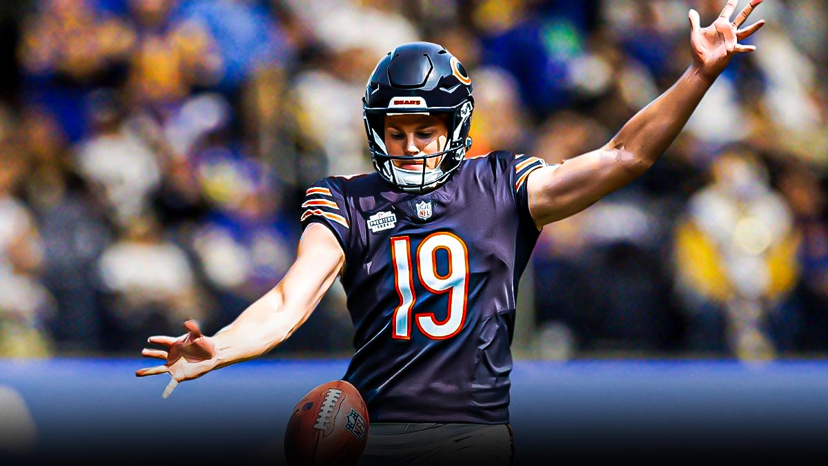 Chicago Bears punter Tory Taylor punting the ball in center, fans on the left and right sides, SoFi Stadium (home stadium of the Los Angeles Rams) in background