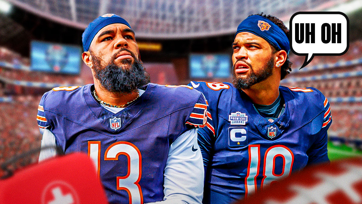 Bears WR Keenan Allen, QB Caleb Williams with speech bubble that says, 'Uh Oh'