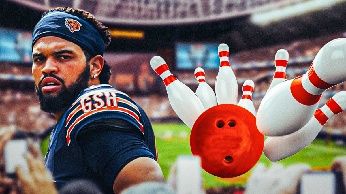 An Indianapolis Colts bowling ball knocking over a bunch of Chicago Bears-themed bowling pins with a nervous Caleb Williams behind them.