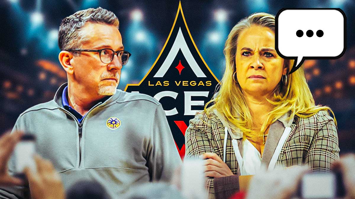 Las Vegas Aces head coach Becky Hammon with basketball coach Curt Miller. Hammond has a speech bubble with the three dots emoji inside. There is also a logo for the Las Vegas Aces.