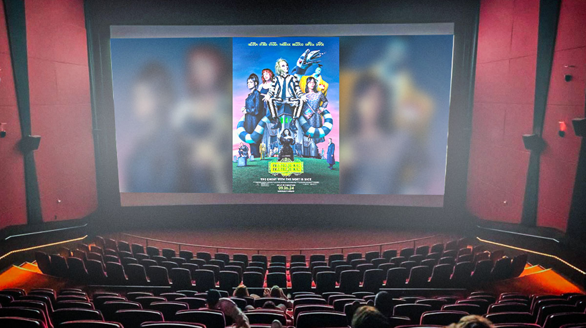 Beetlejuice Beetlejuice poster with movie theater background.