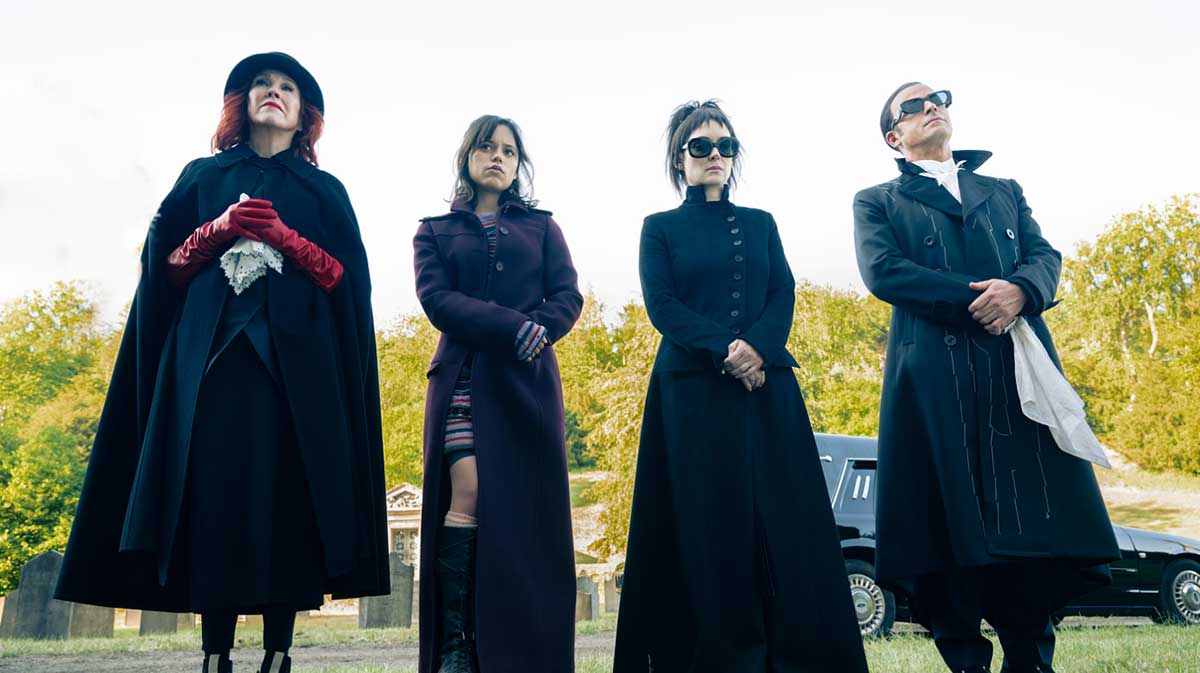 Winona Ryder, Jenna Ortega, Catherine O'Hara, and Justin Theroux.