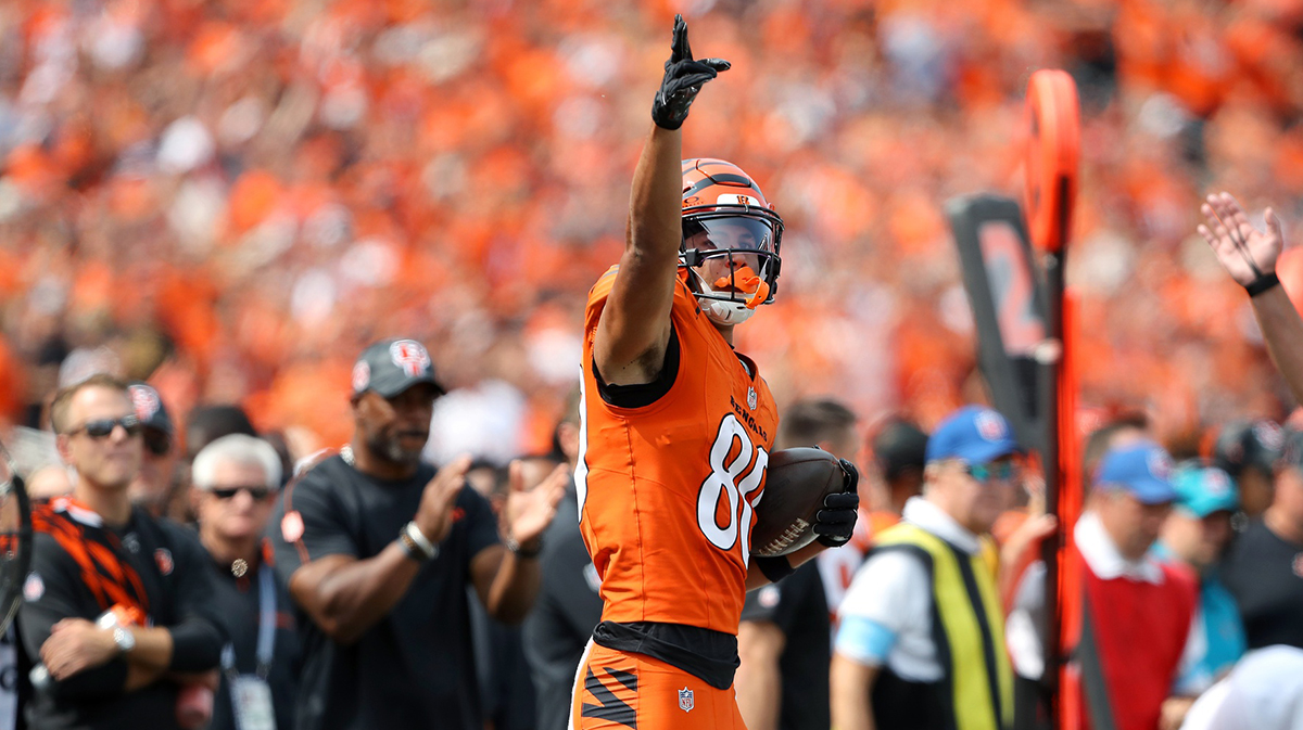 Cincinnati Bengals wide receiver Andrei Iosivas (80) celebrates a first down catch during the third quarter against the New England Patriots at Paycor Stadium.