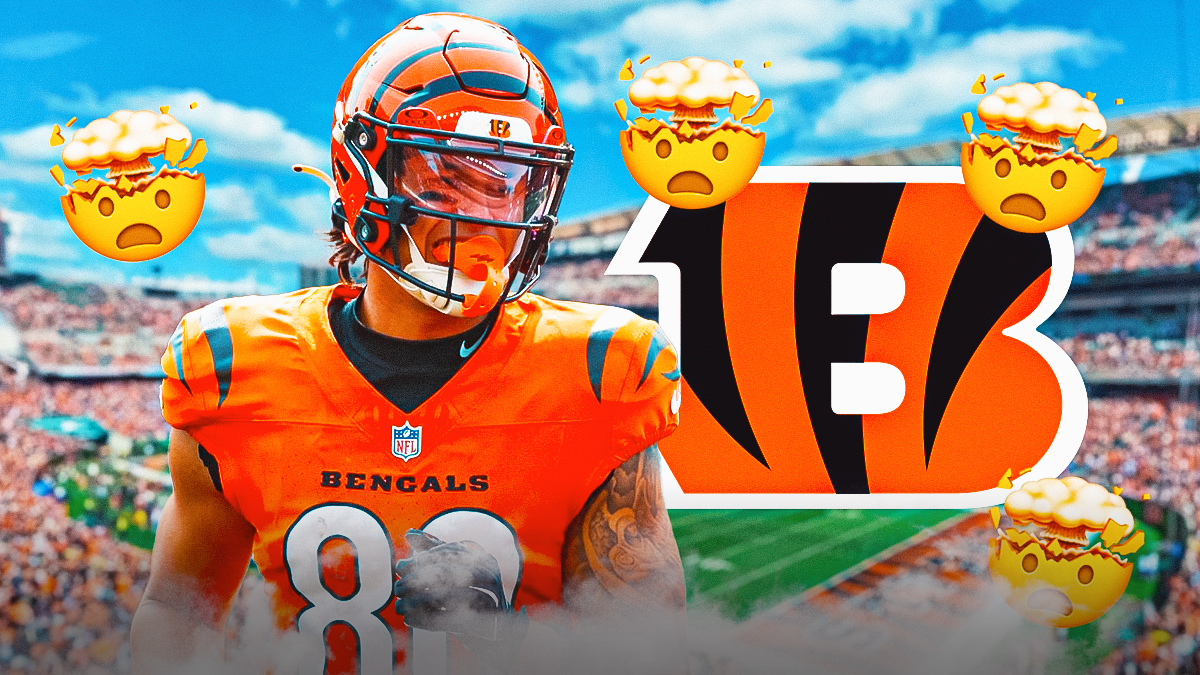Bengals' Andrei Iosivas surrounded by shocked emojis 🤯 and next to a Bengals logo