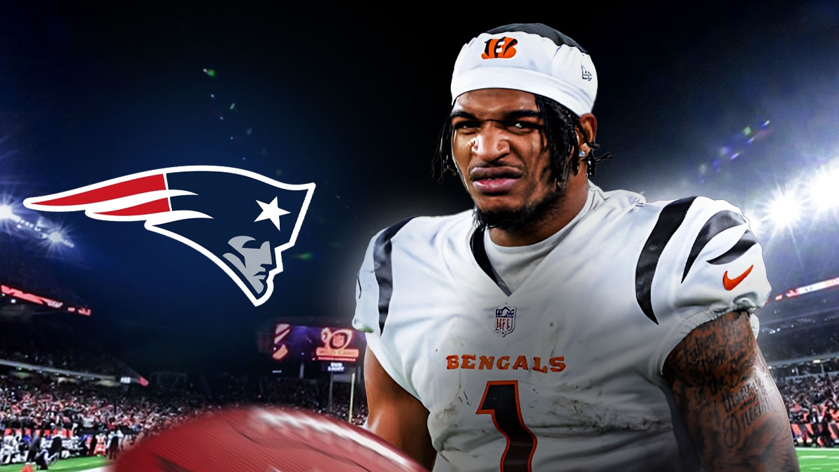 Ja'Marr Chase frowns next to Patriots logo
