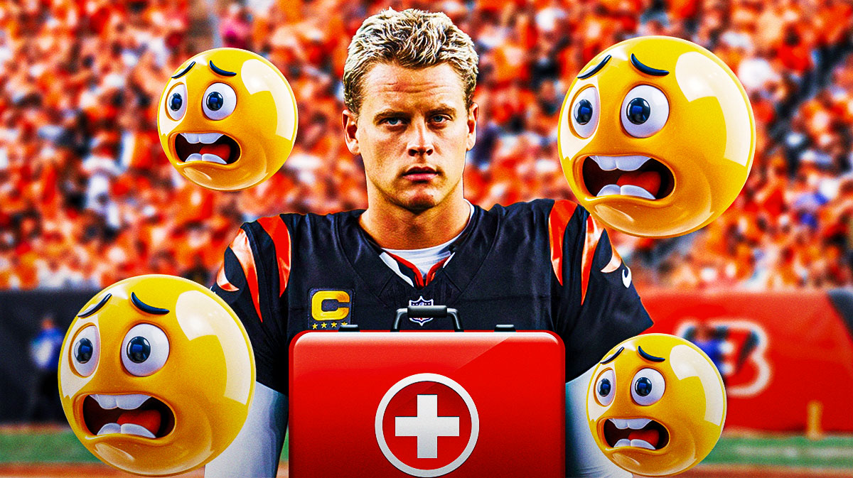 Joe Burrow with an injury kit in front of him, a bunch of scared emojis in the background