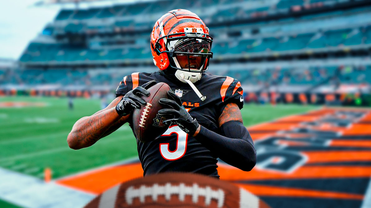 Bengals Tee Higgins catching a football.
