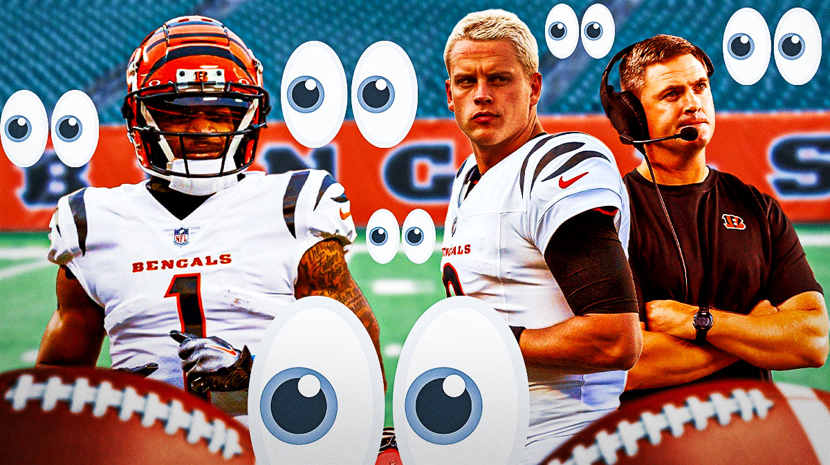 Ja'Marr Chase on one side, Joe Burrow and Zac Taylor on the other side, a bunch of the big eyes emojis in the background