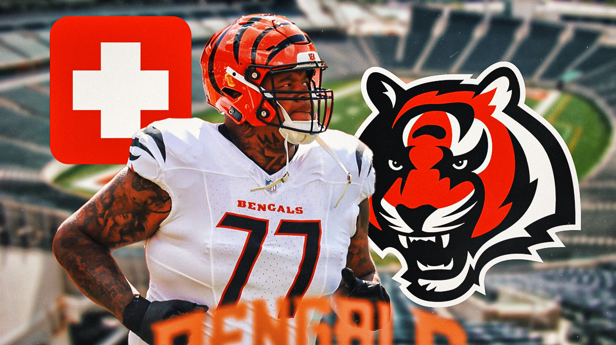 Cincinnati Bengals tackle Trent Brown with an injury symbol. There is also a logo for the Cincinnati Bengals.