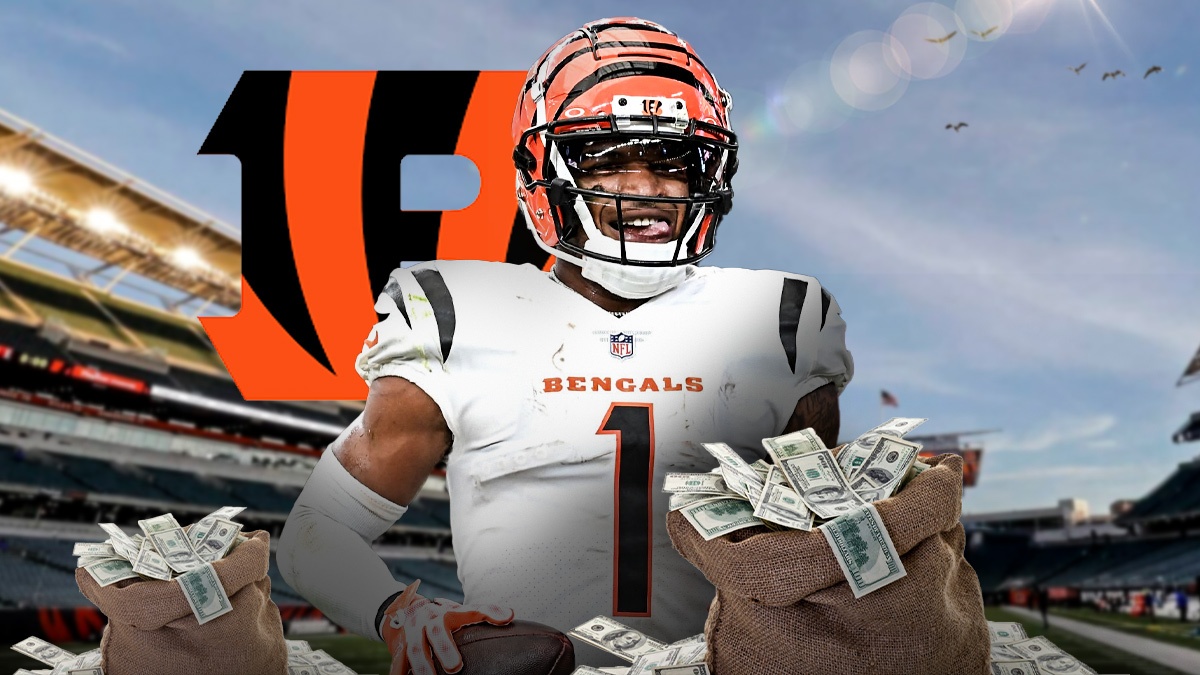 Bengals Ja'Marr Chase next to a bag of money and the Bengals logo