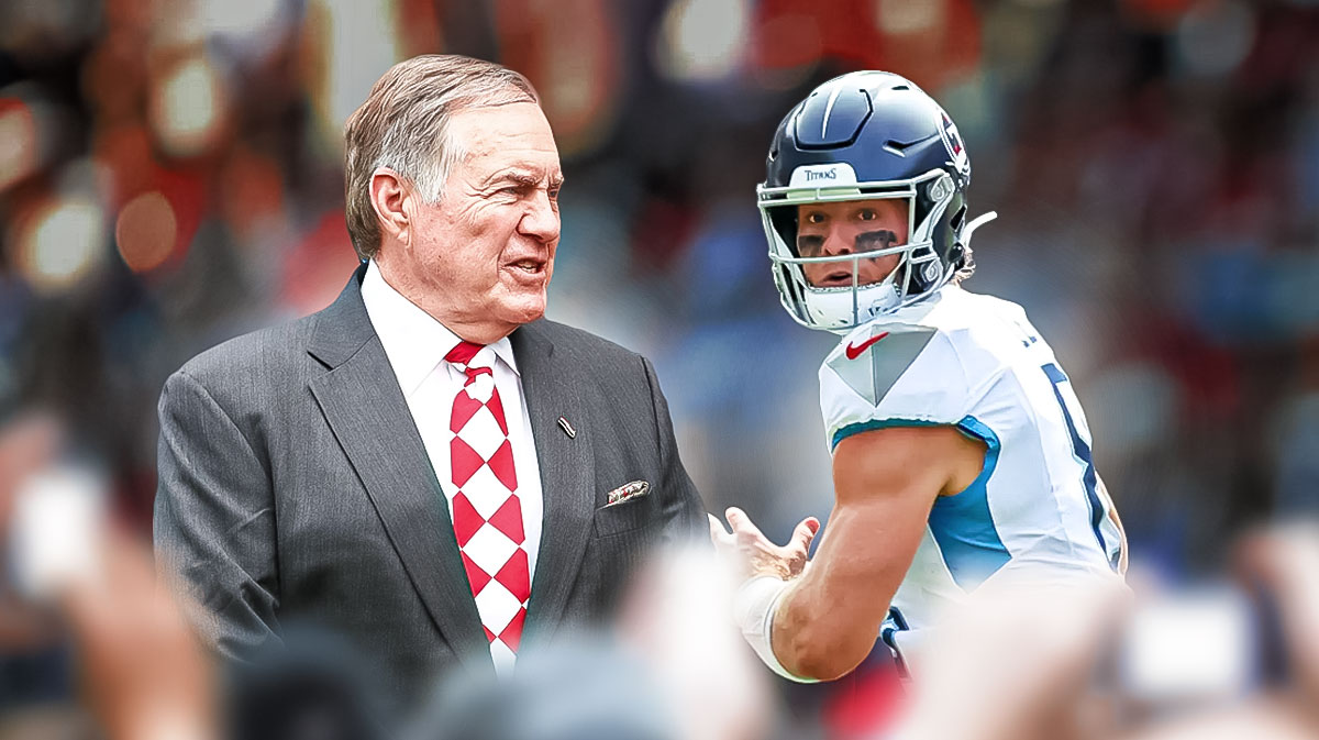Bill Belichick in a suit, Will Levis in a Titans jersey.