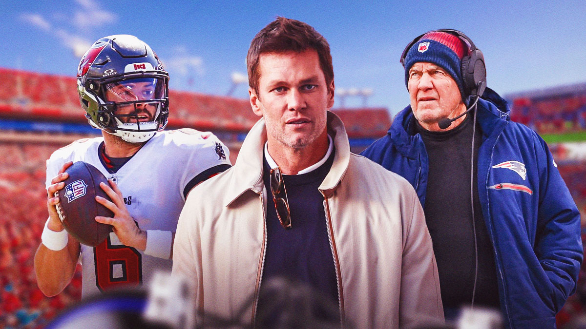 Bill Belichick, Baker Mayfield, and Tom Brady (street clothes) in front of the Buccaneers stadium.