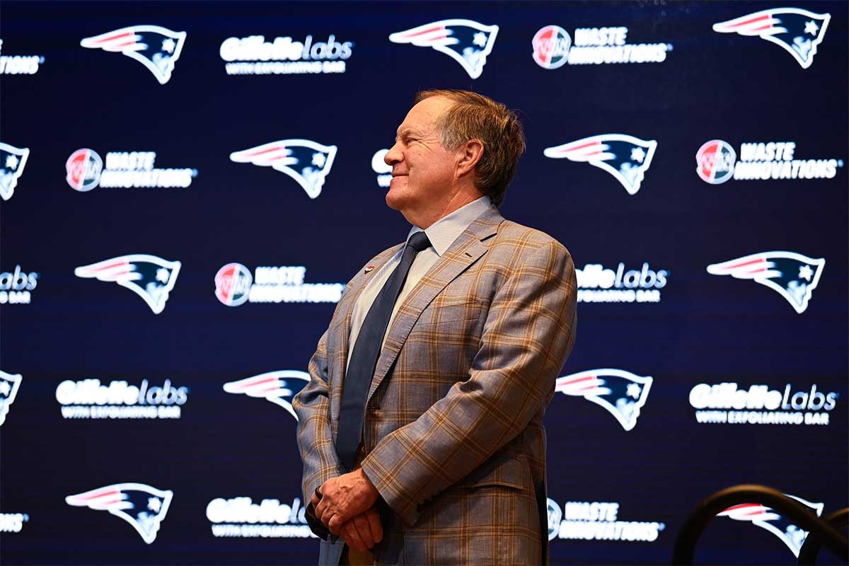 New England Patriots former head coach Bill Belichick looks on duringa press conference at Gillette Stadium to announce Belichick's exit from the team.