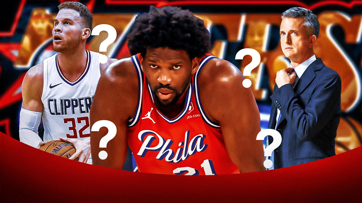 Joel Embiid beside Blake Griffin with Bill Simmons behind them surrounded by question marks featuring a 76ers-themed BG.