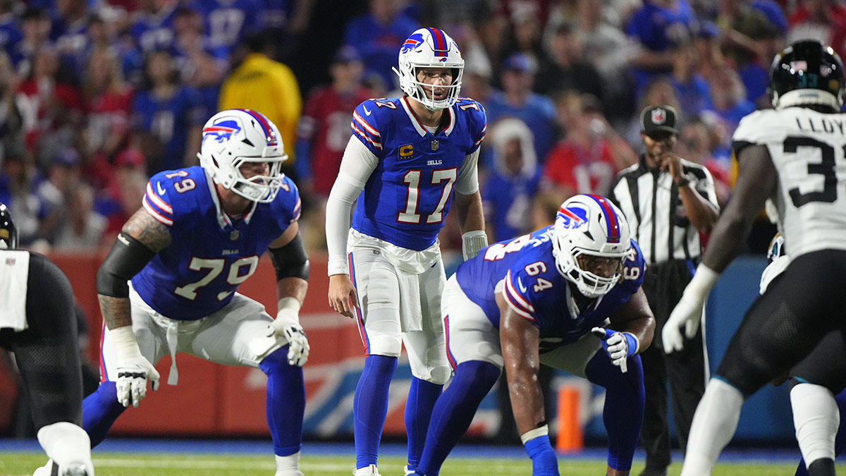 Buffalo Bills quarterback Josh Allen (17) calls signals prior to the snap against the Jacksonville Jaguars during the first half at Highmark Stadium.