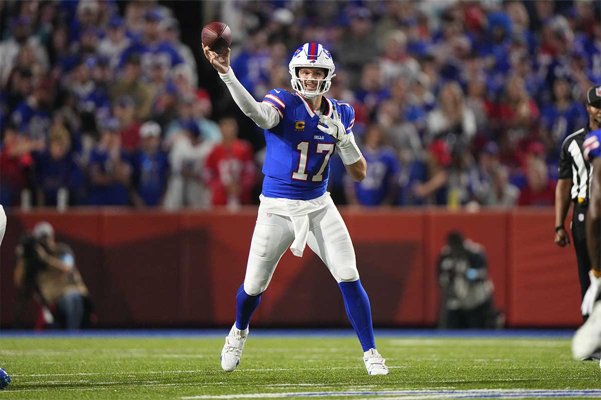 Buffalo Bills quarterback Josh Allen (17) throws against the Jacksonville Jaguars during the first half at Highmark Stadium.