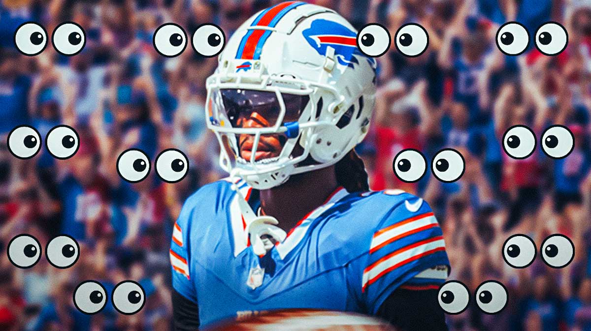 Damar Hamlin on one side, a bunch of Buffalo Bills fans on the other side with the big eyes emoji around them