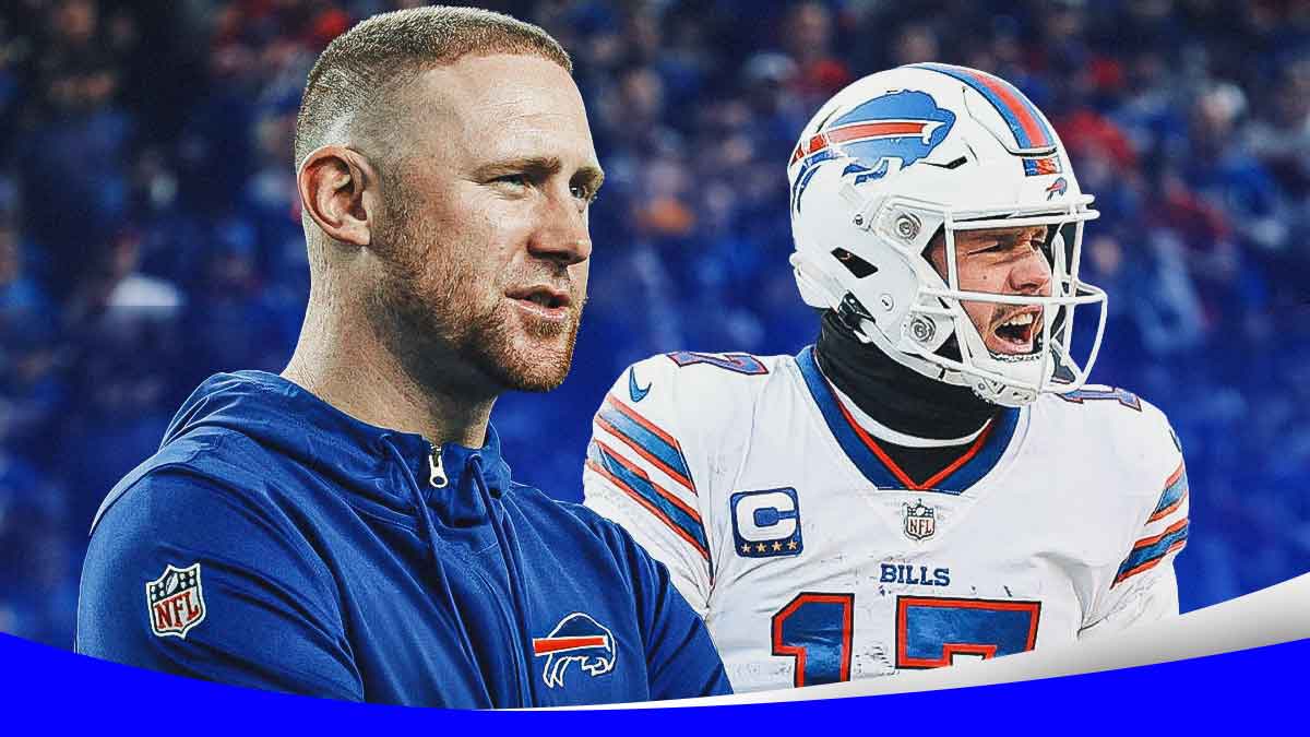 Bills offensive coordinator Joe Brady and Josh Allen in a Buffalo Bills uniform as Brady admits to poor play calling in a bad loss to the Ravens Sunday.