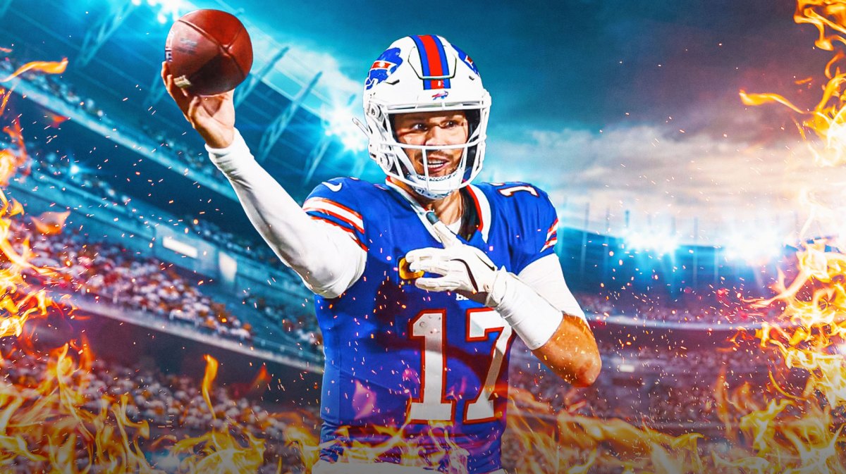 Josh Allen throwing motion with flames surrounding.