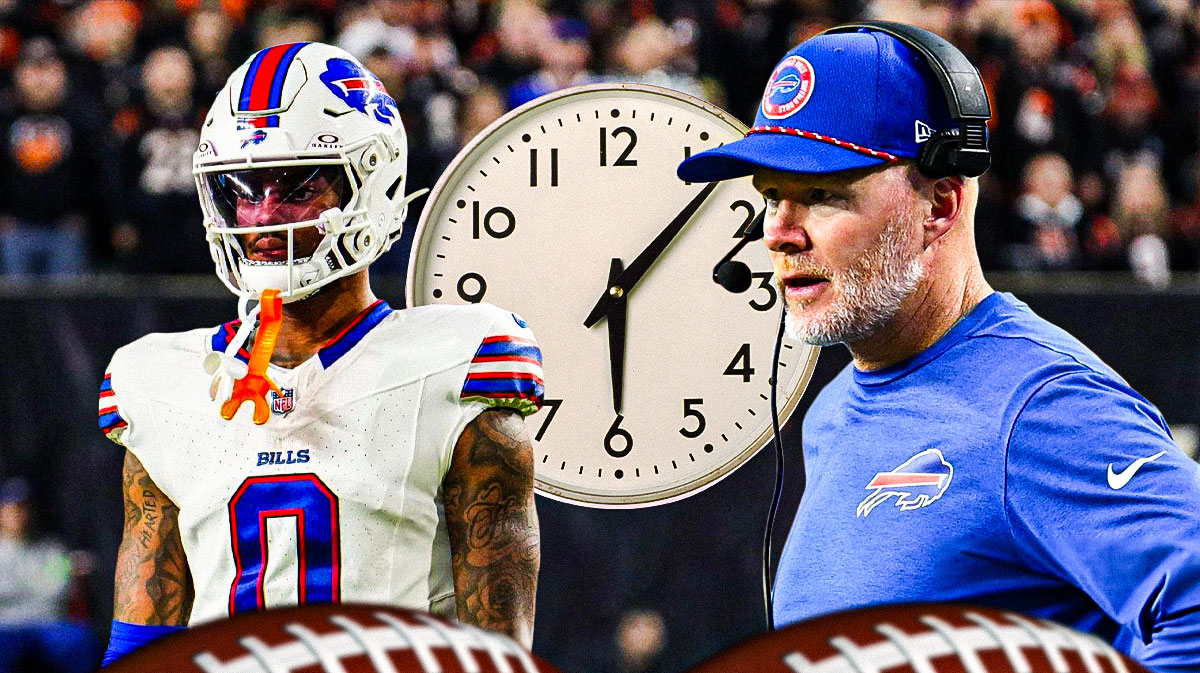 Bills Sean McDermott looking mad at Keon Coleman with a clock in between them