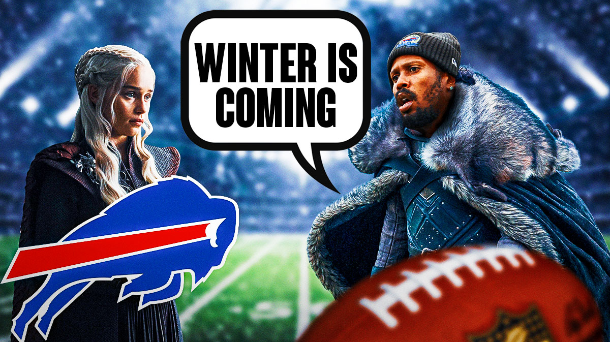 Game of Thrones characters Jon Snow (with Bills Von Miller as the head and a speech bubble that says "Winter Is Coming") talking to Daenerys Targaryen with a Bills logo in the front