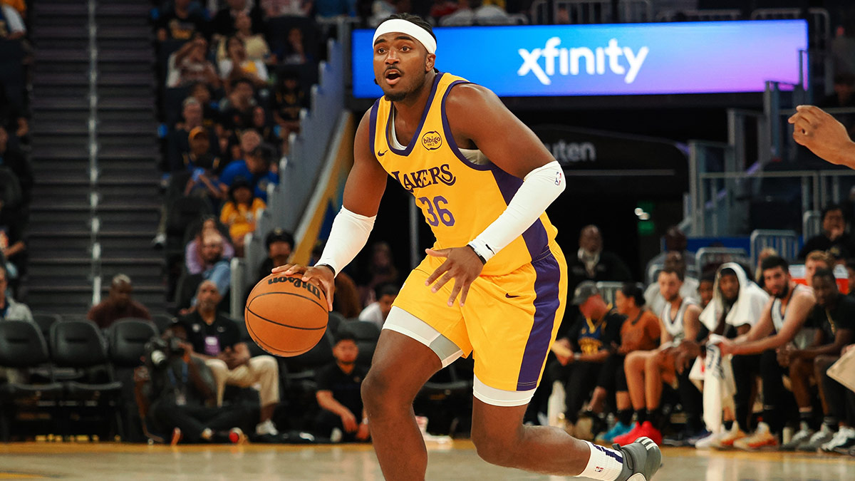 Los Angeles Lakers forward Blake Hinson (36) controls the ball against the Sacramento Kings during the third quarter at Chase Center.