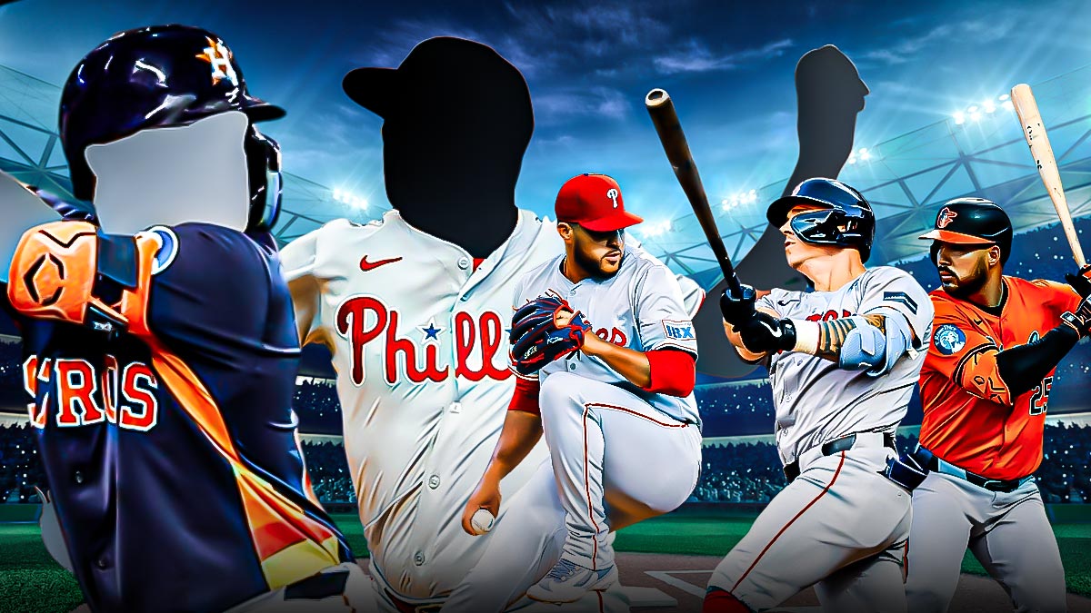 Carlos Estevez pitching in a Philadelphia Phillies uniform a silhouette of Aroldis Chapman pitching in a Pittsburgh Pirates uniform Anthony Santander batting in a Baltimore Orioles uniform a silhouette of Alex Bregman batting in a Houston Astros uniform, Tyler O'Neill batting in a Boston Red Sox uniform as the Blue Jays must add these five free agents for 2025.