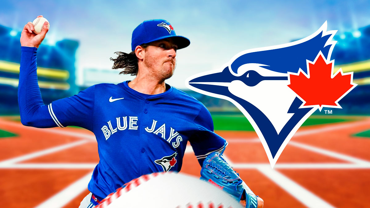 Blue Jays pitcher Kevin Gausman next to the Blue Jays logo