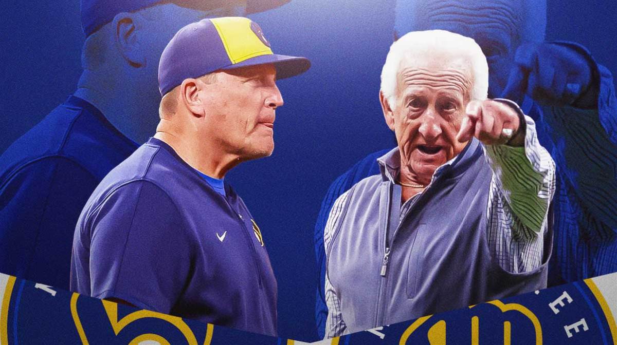 Milwaukee Brewers manager Pat Murphy and broadcaster Bob Uecker as Murphy gave a speech after the Brewers clinched the NL Central and Uecker made a funny reply - the brewers win the division.