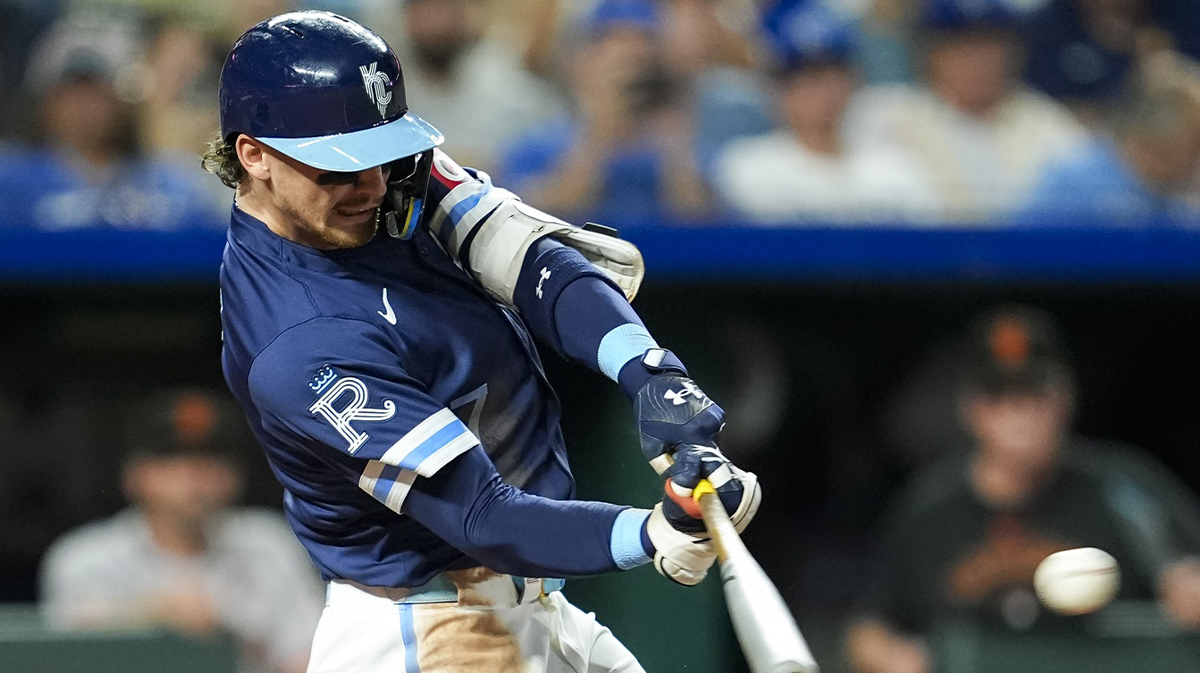 Sep 20, 2024; Kansas City, Missouri, USA; Kansas City Royals shortstop Bobby Witt Jr. (7) hits a single during the sixth inning against the San Francisco Giants at Kauffman Stadium.
