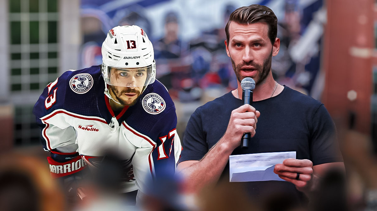 Columbus Blue Jackets players Johnny Gaudreau and Boone Jenner