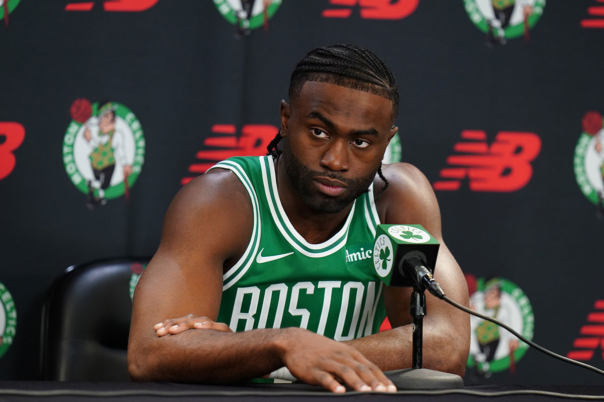 Boston, MA, USA; Boston Celtics guard Jaylen Brown (7) talks to reporters during media day at Auerbach Center.