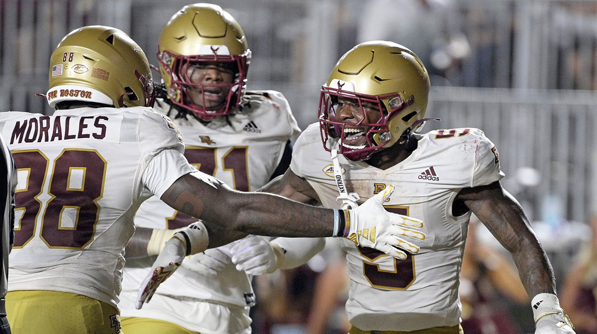 Boston College Eagles running back Kye Robichaux (5) celebrates a touchdown during the second half against the Florida State Seminoles at Doak S. Campbell Stadium.