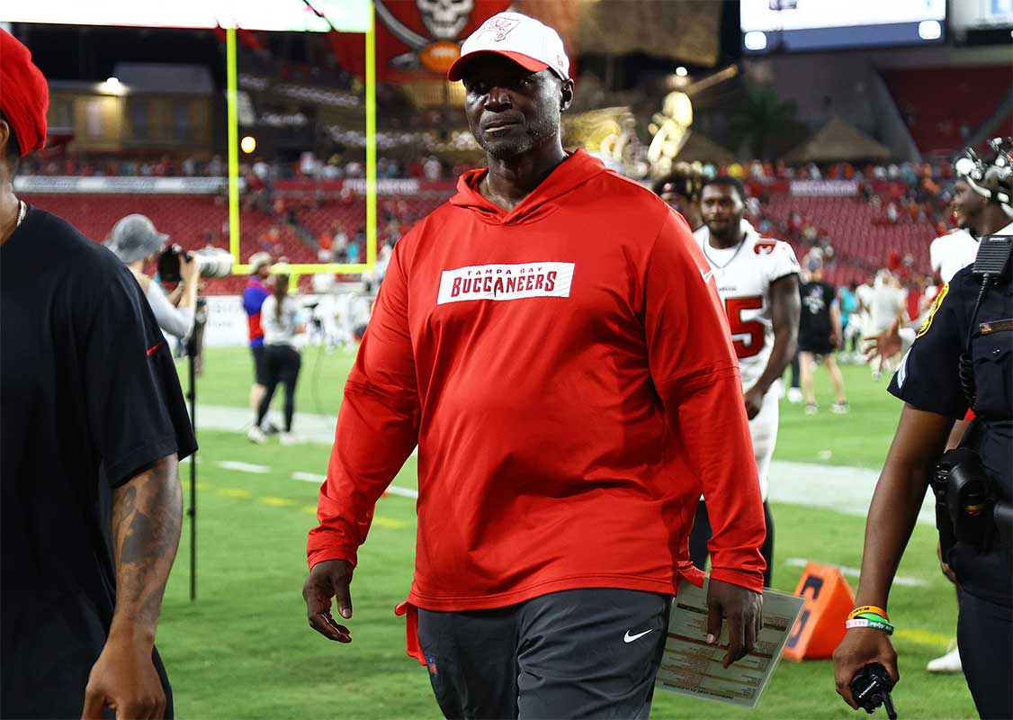 Tampa Bay Buccaneers head coach Todd Bowles walks off the field after they beat the Miami Dolphins during the second half at Raymond James Stadium.