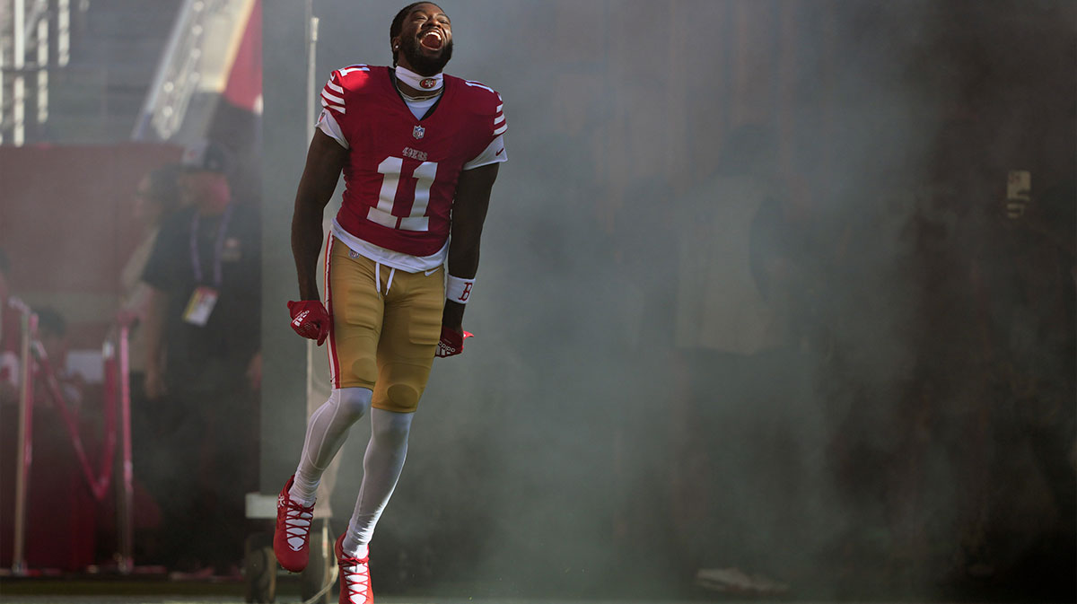 San Francisco 49ers wide receiver Brandon Aiyuk (11) is introduced to the crowd before the game against the New York Jets at Levi's Stadium.