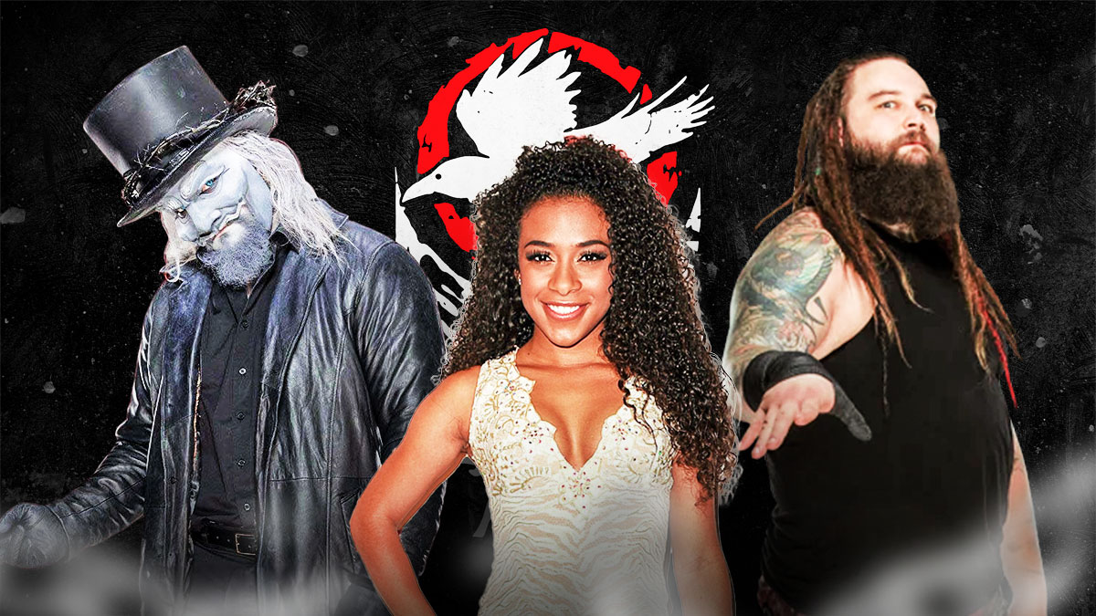 JoJo Offerman with Uncle Howdy on her left and Bray Wyatt (not The Fiend) on her right with the Wyatt Sick6 logo as the background.