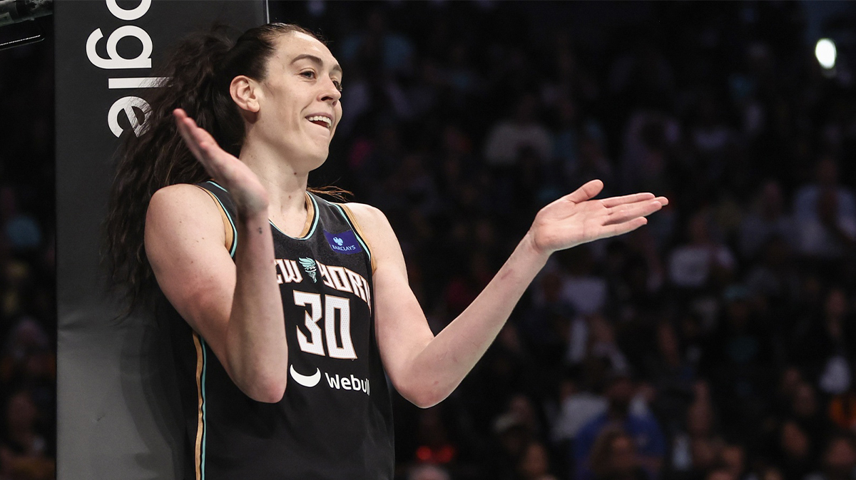 New York Liberty forward Breanna Stewart (30) reacts after getting fouled by the Atlanta Dream during game one of the first round of the 2024 WNBA Playoffs at Barclays Center.
