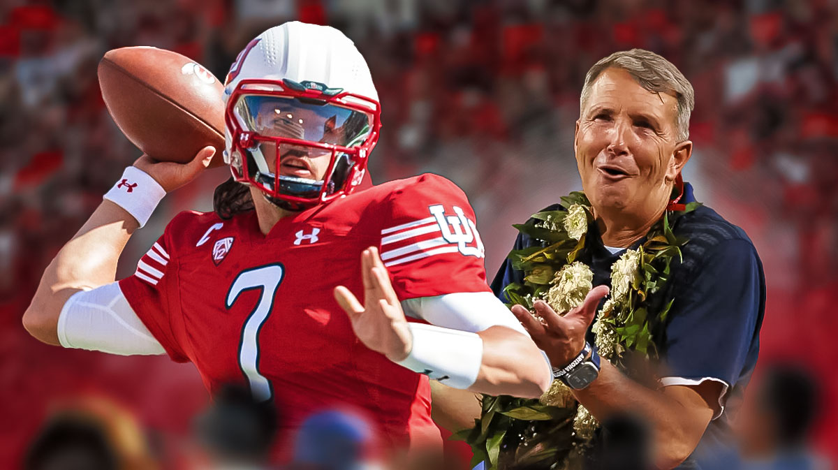 Arizona football head coach Brent Brennan laughing at Utah's Cam Rising