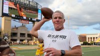 Hall of Fame quarterback Brett Favre warms up before the game between the Southern Miss Golden Eagles and the Louisiana Monroe Warhawks at M. M. Roberts Stadium. Favre played for Southern Miss.