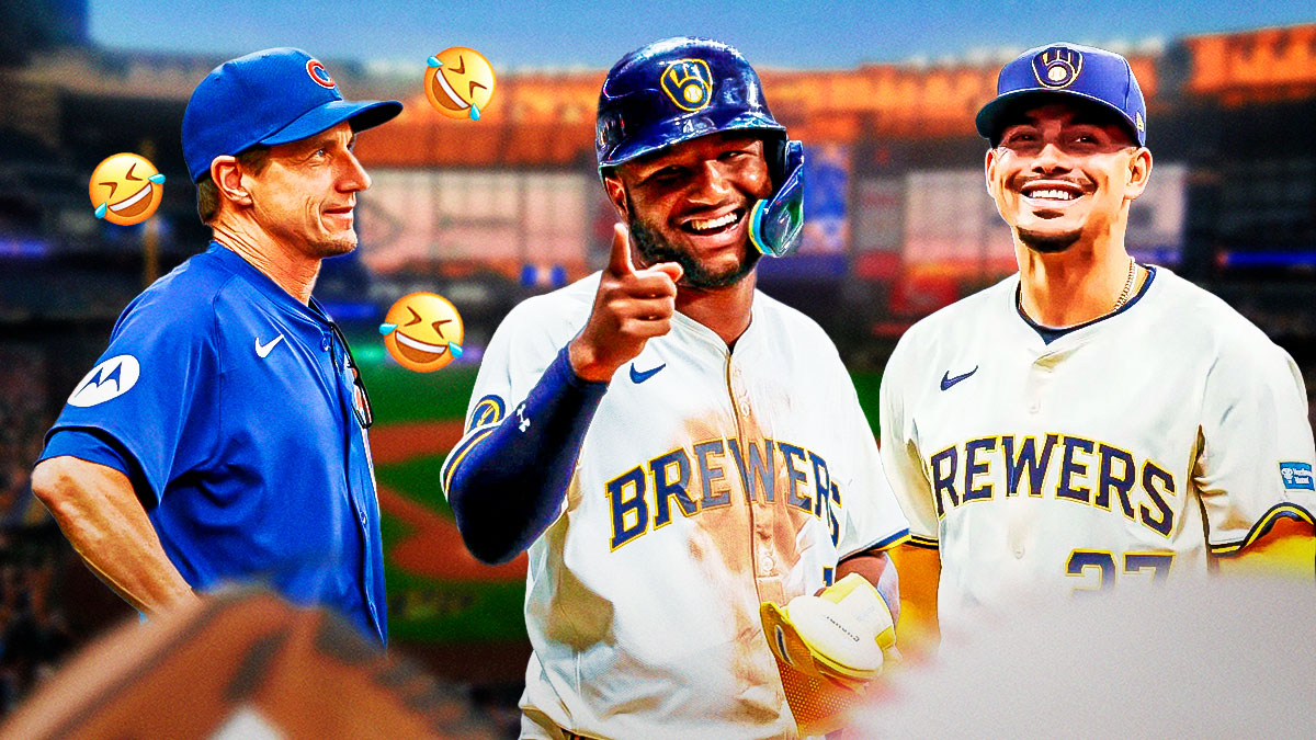 Brewers' Jackson Chourio and Willy Adames laughing at Cubs' Craig Counsell, with rofl emojis all over Counsell
