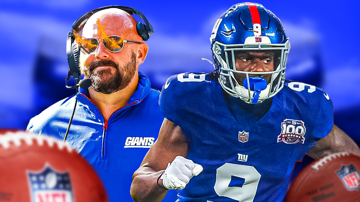 Giants' HC Brian Daboll excited with fire in his eyes next to WR Malik Nabers