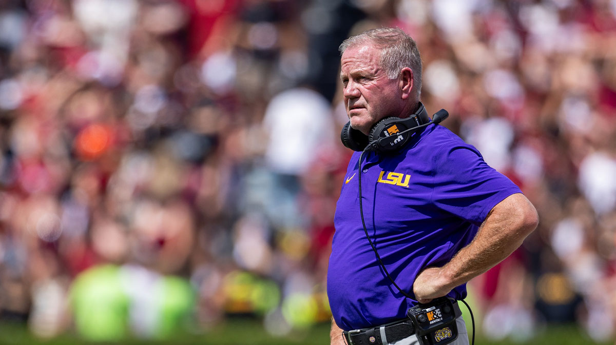 Sep 14, 2024; Columbia, South Carolina, USA; LSU Tigers head coach Brian Kelly looks on during the second quarter against the South Carolina Gamecocks at Williams-Brice Stadium.
